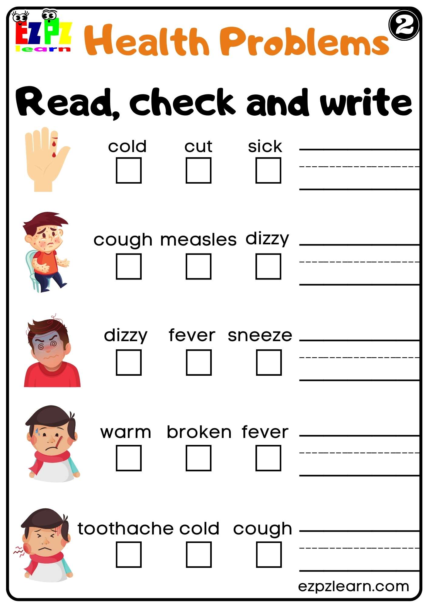Health Problems Read Check and Write Worksheet for K5 Kids and ESL Students Free PDF Download Set 2